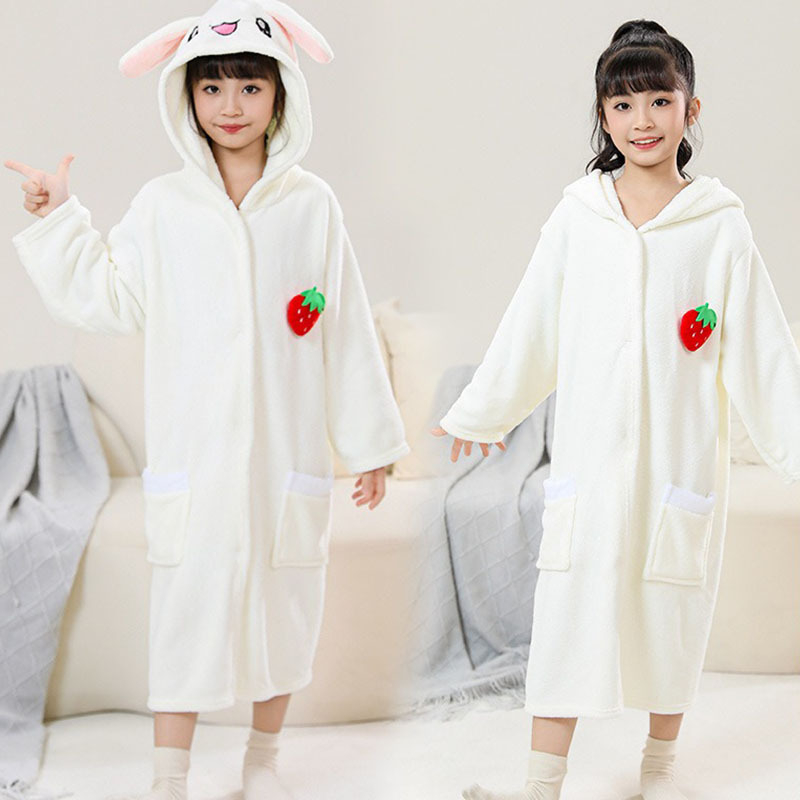 Gyerekeknek szóló kapucnis fürdőlepedő, korall velúr, nyúl-szőrrel bélelt, gyorsan száradó, uniszex, tavasz