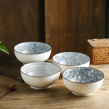 Porcelanska zdjela u japanskom stilu, prugasti podglazurni završetak, okrugli oblik, mikrovalna sigurna, tisk logotipa, mogućnost prilagodbe