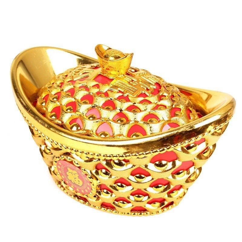 Prazan zlatni ingot ukras - plastična kutija za slatkiše, rekvizit za dnevni boravak i pozornicu, s mašnicom i torbom