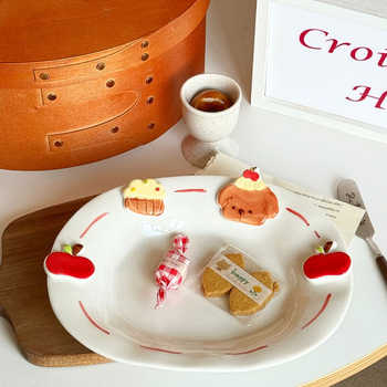 Keramički tanjur s ručno crtanim cartoon uzorkom, nepravilnog oblika, pogodan za mikrovalnu pećnicu, sladak stil, za doručak i desert