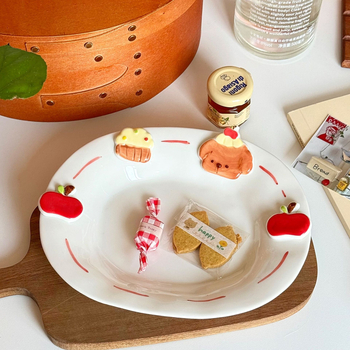 Keramički tanjur s ručno crtanim cartoon uzorkom, nepravilnog oblika, pogodan za mikrovalnu pećnicu, sladak stil, za doručak i desert