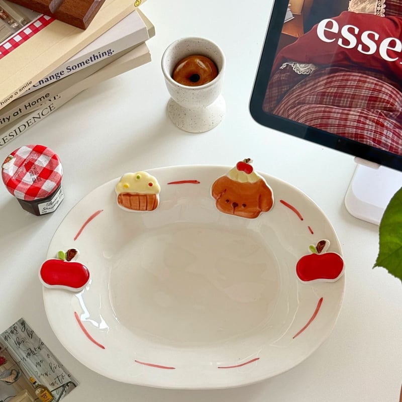 Keramički tanjur s ručno crtanim cartoon uzorkom, nepravilnog oblika, pogodan za mikrovalnu pećnicu, sladak stil, za doručak i desert