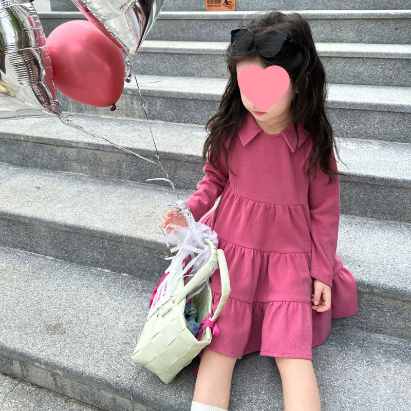 Djevojačka haljina u A-liniji, princes stil, dugi rukav, 30% pamuk, mašna, jednobojni uzorak, proljeće i jesen, za djecu preko 8 godina