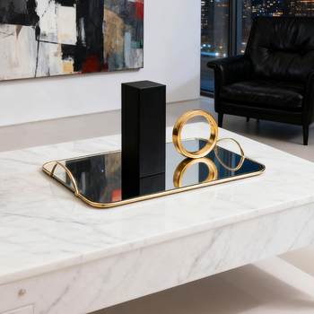 Veidrodinis stiklo padėklas, metalo konstrukcija, elektroplakavimas, šiuolaikinis minimalistinis stilius