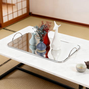 Veidrodinis stiklo padėklas, metalo konstrukcija, elektroplakavimas, šiuolaikinis minimalistinis stilius