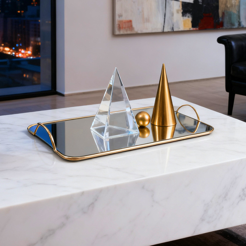 Veidrodinis stiklo padėklas, metalo konstrukcija, elektroplakavimas, šiuolaikinis minimalistinis stilius