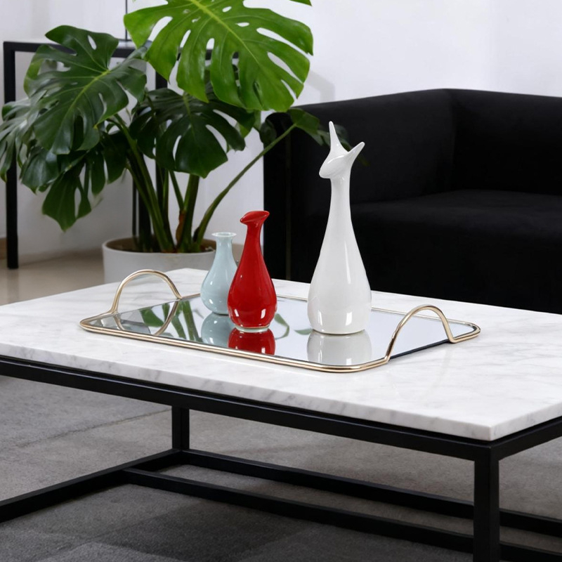 Veidrodinis stiklo padėklas, metalo konstrukcija, elektroplakavimas, šiuolaikinis minimalistinis stilius