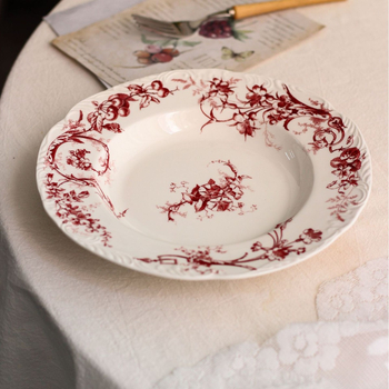 Duboki keramički tanjur s motivom cvijeća i ptica, retro stil, kružnog oblika, pogodan za mikrovalnu