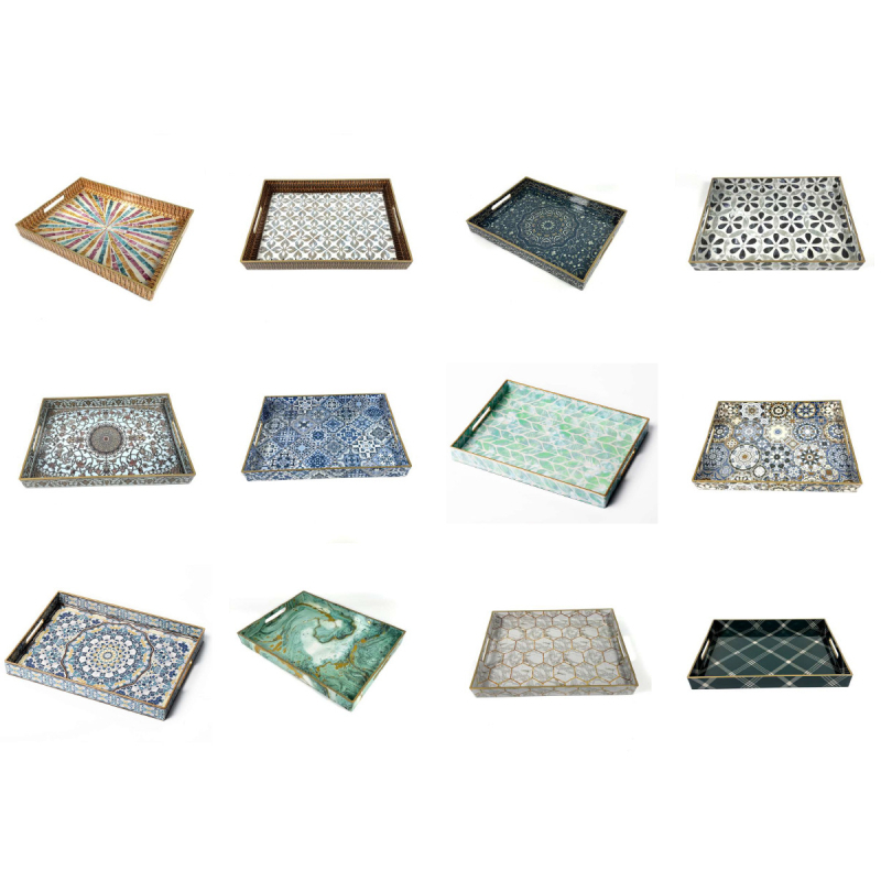 Plastikinis dekoratyvinis padėklas, kvadratinis ir apvalus, PP medžiaga, gėlių popieriaus raštas, pritaikytas pagal brėžinius