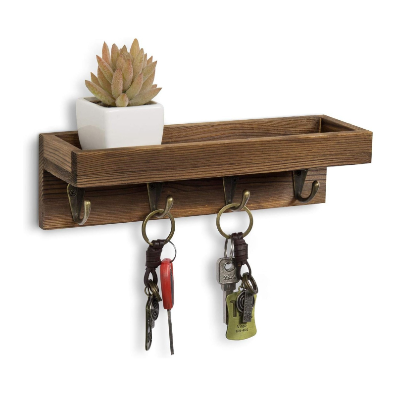 Дървена стенна лавица с куки и подложка за ключове и сукуленти, пасторал стил за хол и антре