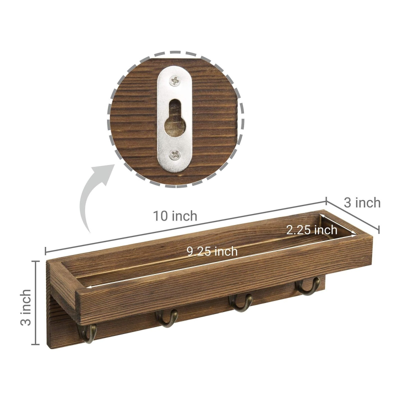 Дървена стенна лавица с куки и подложка за ключове и сукуленти, пасторал стил за хол и антре