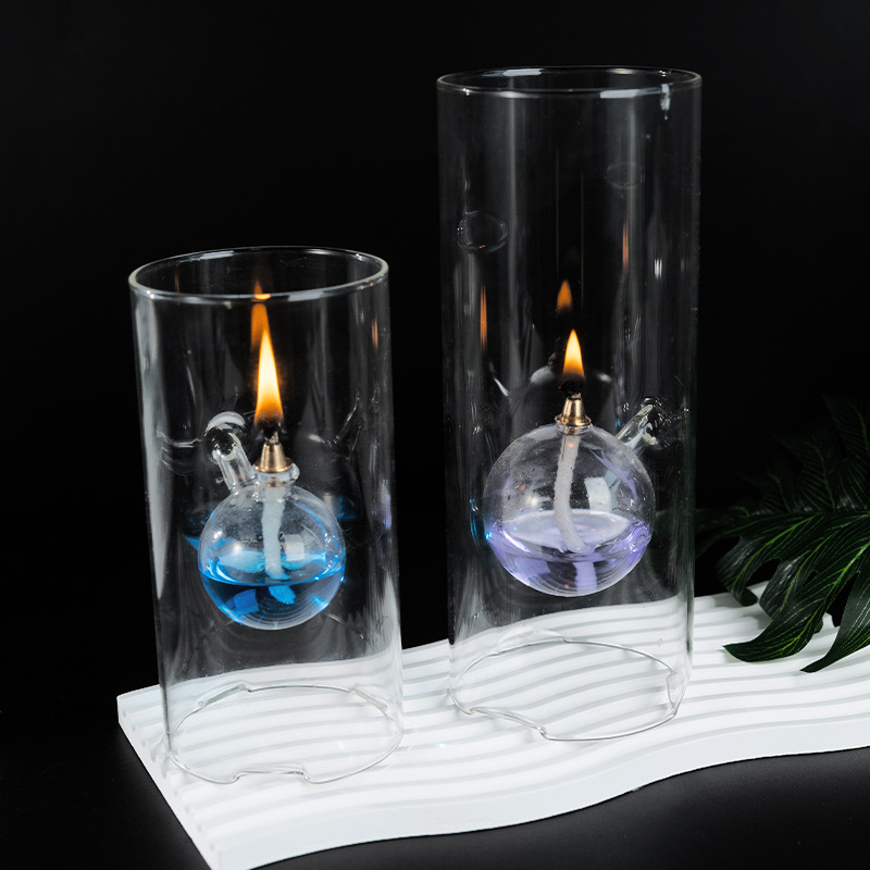 Cilindrična uljana lampa, staklo borosilikat, ručno puhana stakla, stakleni držač za svijeću, geometrijski oblik, jednostavan i moderan stil, viseći ukras, mogućnost otiska logotipa, za vjenčanja, romantične večere, dekor hotela i barova