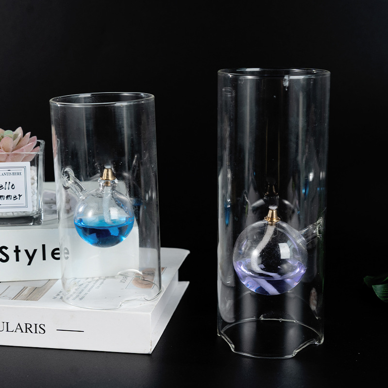 Cilindrična uljana lampa, staklo borosilikat, ručno puhana stakla, stakleni držač za svijeću, geometrijski oblik, jednostavan i moderan stil, viseći ukras, mogućnost otiska logotipa, za vjenčanja, romantične večere, dekor hotela i barova