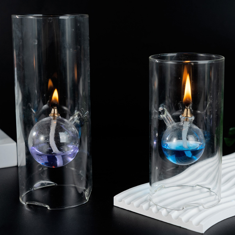 Cilindrična uljana lampa, staklo borosilikat, ručno puhana stakla, stakleni držač za svijeću, geometrijski oblik, jednostavan i moderan stil, viseći ukras, mogućnost otiska logotipa, za vjenčanja, romantične večere, dekor hotela i barova