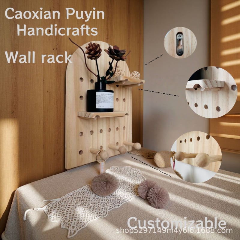 Pegboard din lemn masiv montat pe perete – raft de depozitare multistrat, decor pentru hol și organizator de chei