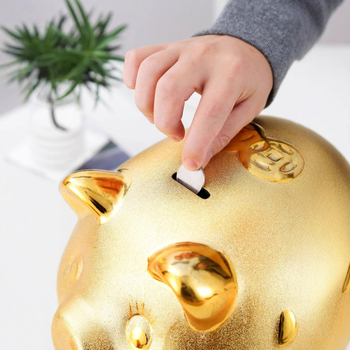 Casă de economii ceramică în formă de purcel auriu, cu orificiu unic pentru monede, cadou pentru nuntă sau inaugurare