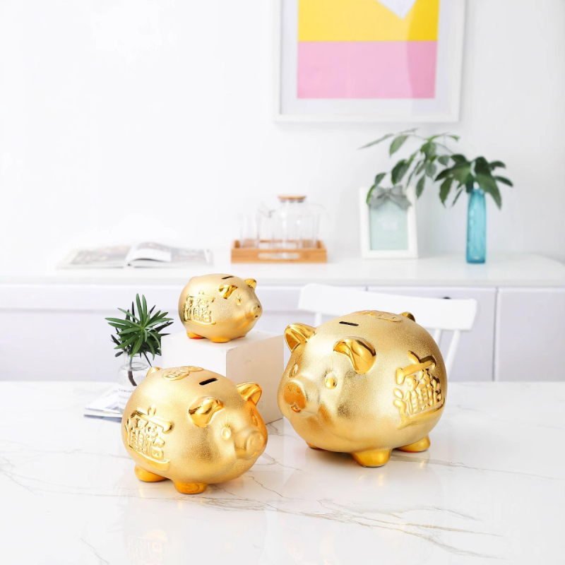 Casă de economii ceramică în formă de purcel auriu, cu orificiu unic pentru monede, cadou pentru nuntă sau inaugurare