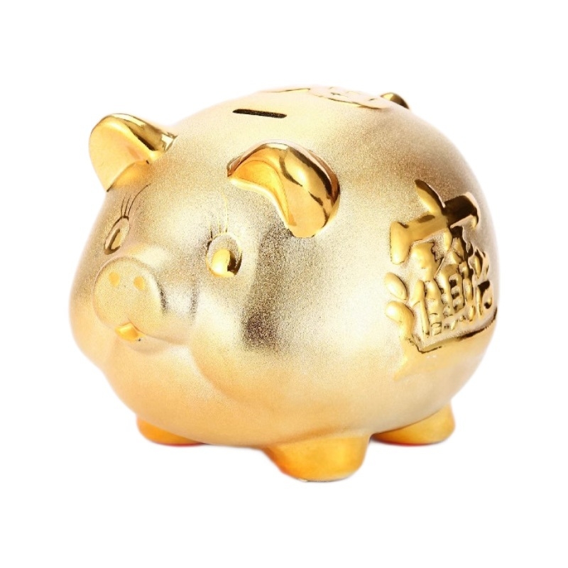 Casă de economii ceramică în formă de purcel auriu, cu orificiu unic pentru monede, cadou pentru nuntă sau inaugurare