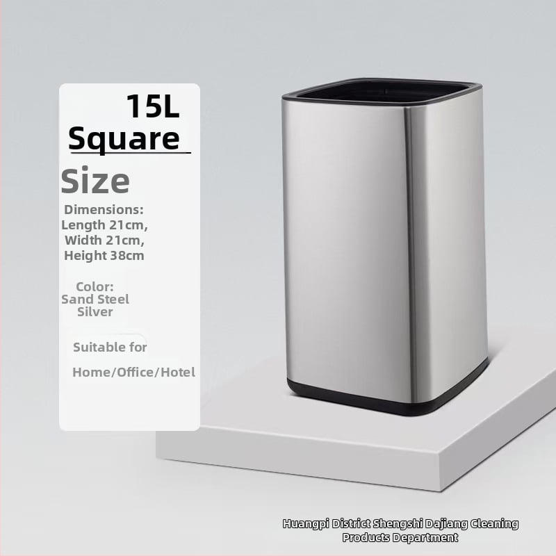 Dviejų sluoksnių nerūdijančio plieno šiukšlių dėžė, kvadrato-apskrito dizaino, 12 L, be dangtelio, komerciniam naudojimui (viešbučiai, vonios, virtuvės)
