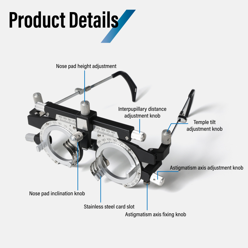 Szemüveg próbarám 4 rekesz lencsebehelyezéséhez és állítható IPD 48–80 mm