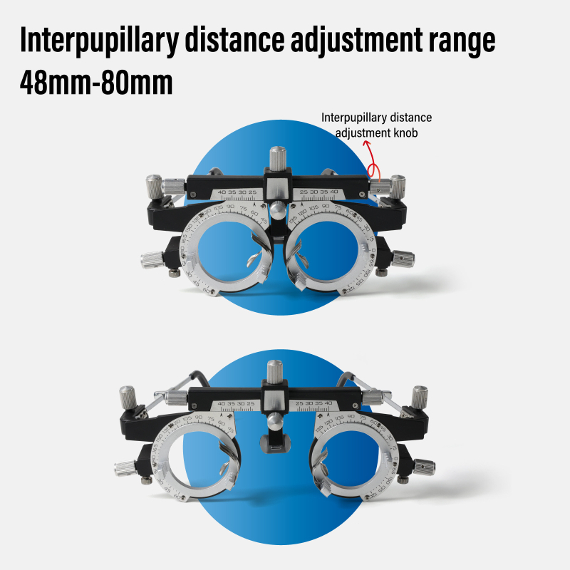 Szemüveg próbarám 4 rekesz lencsebehelyezéséhez és állítható IPD 48–80 mm