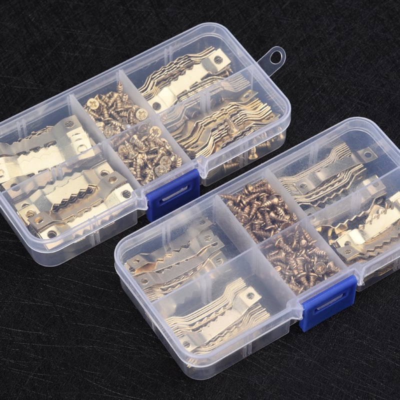 Nuotraukų rėmų pakabinimo kabliukai rinkinys, dantyti vienpusiai, metalas su elektroplakavimu, 100 vnt., tvirtinimo priedai svetainei