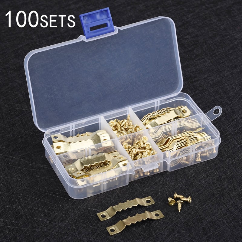 Nuotraukų rėmų pakabinimo kabliukai rinkinys, dantyti vienpusiai, metalas su elektroplakavimu, 100 vnt., tvirtinimo priedai svetainei