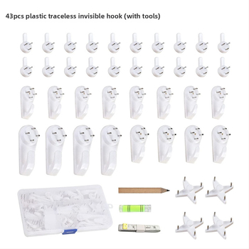 43 vnt nematomi plastiniai kabliukai nuotraukų rėmams ir paveikslams (40 kabliukų + 3 įrankiai)