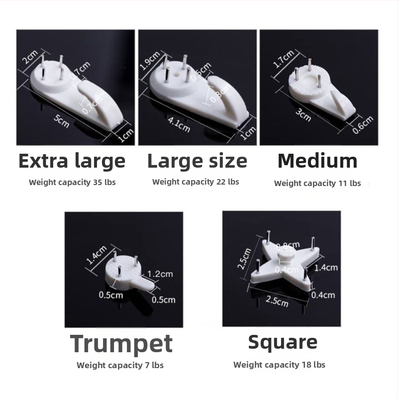 43 vnt nematomi plastiniai kabliukai nuotraukų rėmams ir paveikslams (40 kabliukų + 3 įrankiai)