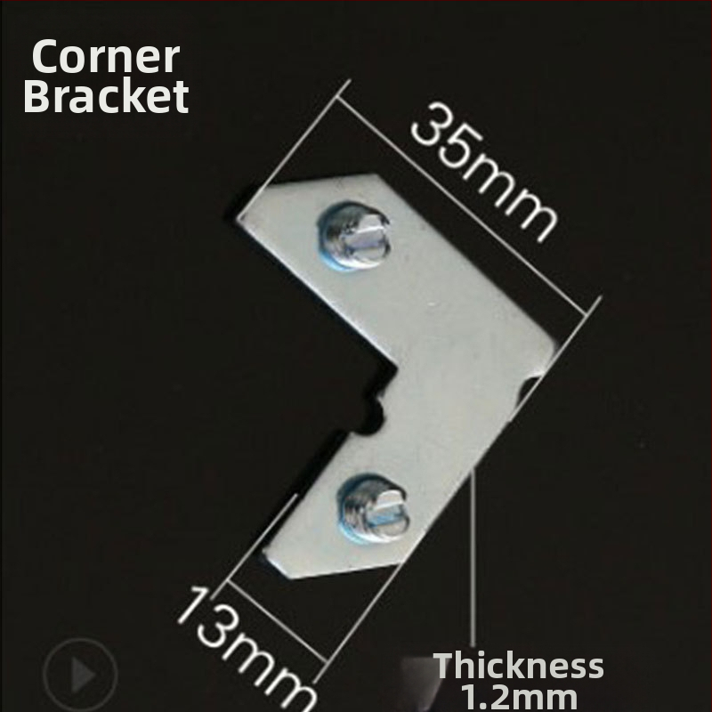 Metalo rėmo kampinis tvirtinimas – L formos fiksuotas kampinis elementas, štampuotas, pritaikomas, kabliukas jungtys
