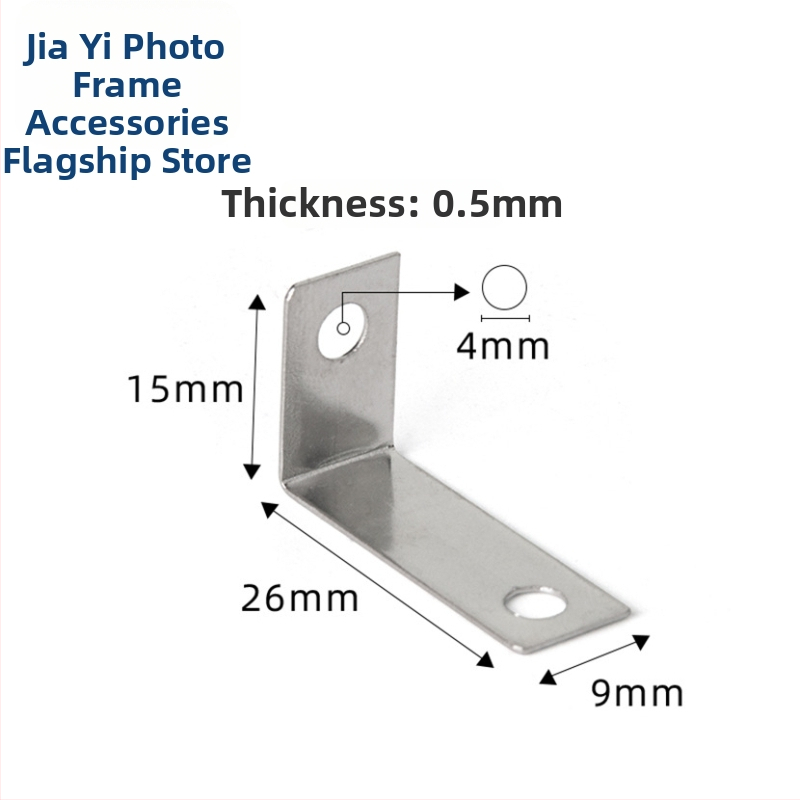 Cod de colț metalic pentru ramă foto — electroplacat, unghi drept, gaură dublă, accesoriu personalizabil, ambalaj în pungă