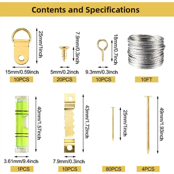 Nuotraukų rėmo pakabinimo komplektas: metaliniai kaiščiai ir mediniai sieniniai kabliukai, 196 vnt.; elektroplatingas paviršius, amerikietiškas stilius
