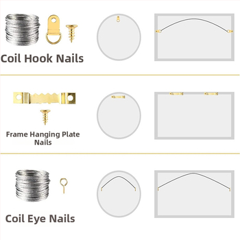 Nuotraukų rėmo pakabinimo komplektas: metaliniai kaiščiai ir mediniai sieniniai kabliukai, 196 vnt.; elektroplatingas paviršius, amerikietiškas stilius