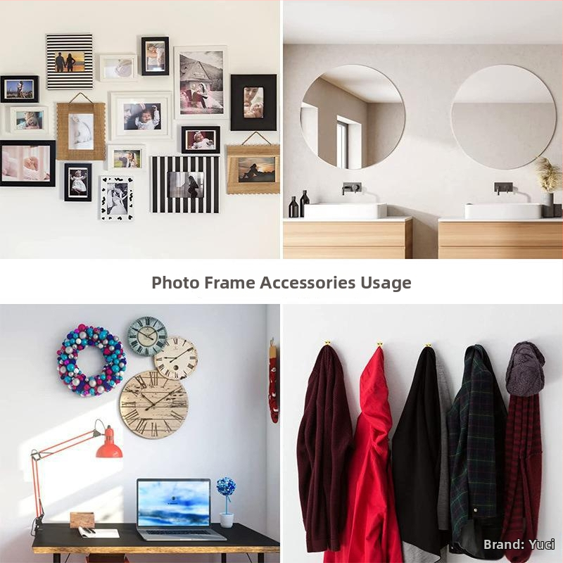 Nuotraukų rėmo pakabinimo komplektas: metaliniai kaiščiai ir mediniai sieniniai kabliukai, 196 vnt.; elektroplatingas paviršius, amerikietiškas stilius