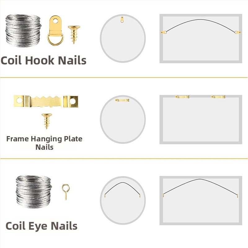 Nuotraukų rėmo pakabinimo komplektas: metaliniai kaiščiai ir mediniai sieniniai kabliukai, 196 vnt.; elektroplatingas paviršius, amerikietiškas stilius