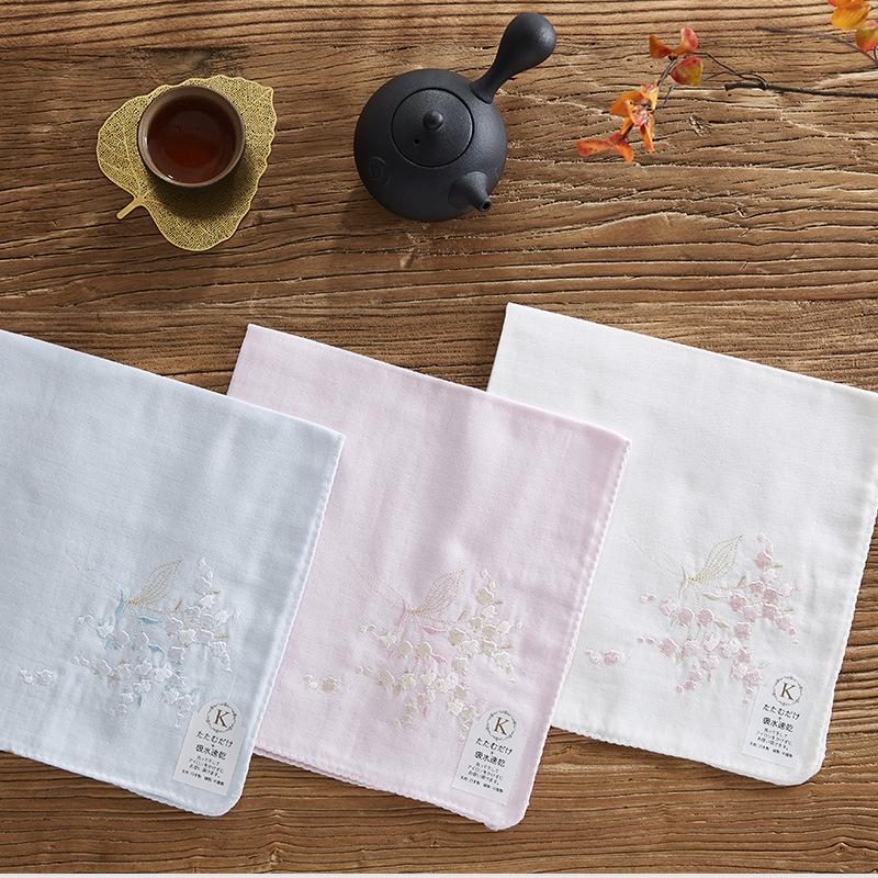 Носна кърпичка от 100% памук, бродиран мотив Lily of the Valley, в японски стил за жени, 40 g, с печатено лого и възможност за персонализация