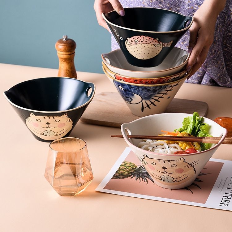 Porcelanski zdjel za rezance, japanskog stila s dvostrukim držačima, nepravilnog oblika, podglazirana završna obrada, pogodna za mikrovalnu pećnicu