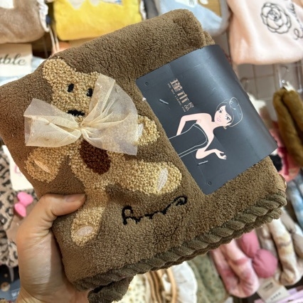 Prosop de uscat păr cu design urs cu fundă, poliester-bumbac, 100D, țesătură simplă, greutate sub 30 g