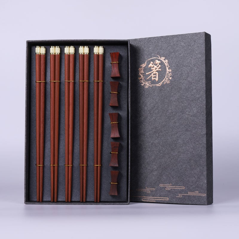 Drveni set štapića, 5 pari u poklon kutiji, sandalwood, otisnuto logo, prilagodljivo
