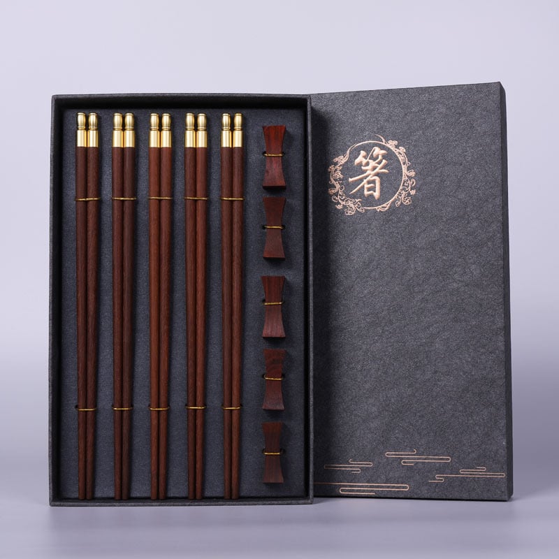 Drveni set štapića, 5 pari u poklon kutiji, sandalwood, otisnuto logo, prilagodljivo