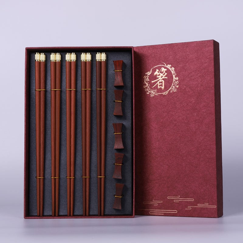 Drveni set štapića, 5 pari u poklon kutiji, sandalwood, otisnuto logo, prilagodljivo