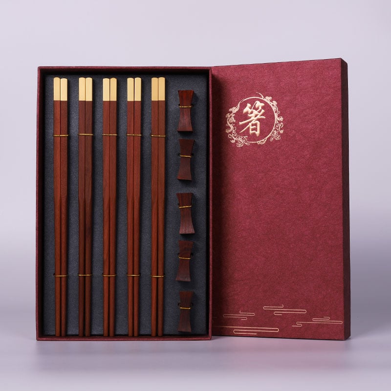 Drveni set štapića, 5 pari u poklon kutiji, sandalwood, otisnuto logo, prilagodljivo