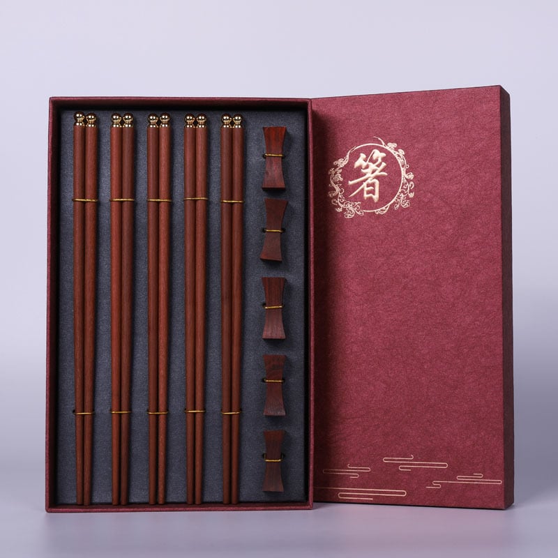 Drveni set štapića, 5 pari u poklon kutiji, sandalwood, otisnuto logo, prilagodljivo