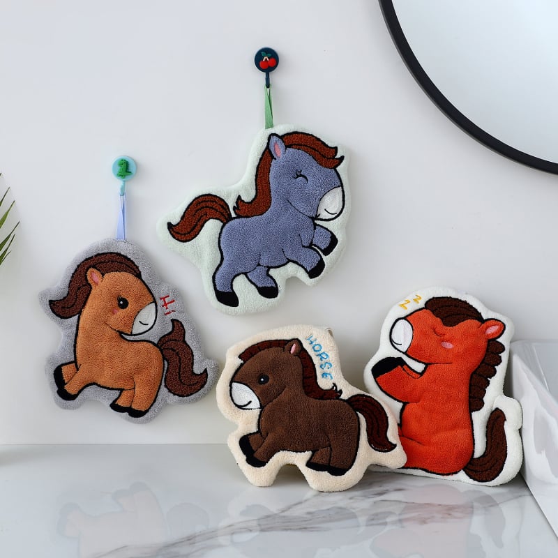 Prosop de mână cu broderie, ponei drăguț, din coral fleece, gros, absorbant și uscare rapidă pentru uz casnic (Material: Coral fleece; Broderie; Greutate: 30–50 g; Fir: 150d).