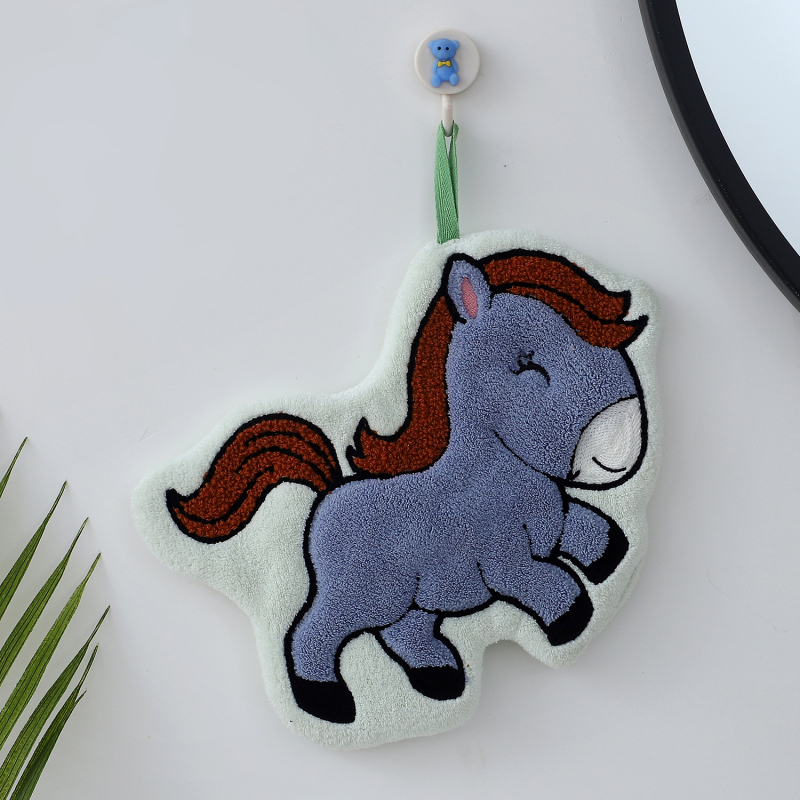 Prosop de mână cu broderie, ponei drăguț, din coral fleece, gros, absorbant și uscare rapidă pentru uz casnic (Material: Coral fleece; Broderie; Greutate: 30–50 g; Fir: 150d).