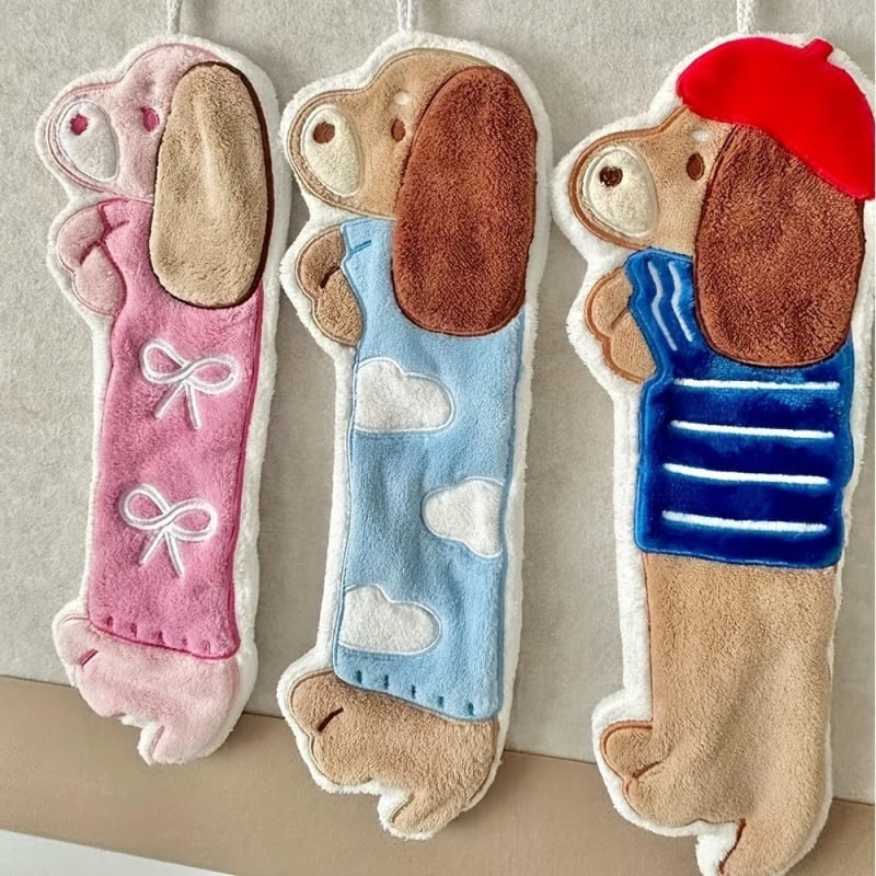 Prosop de mână Dachshund cu design cuier, prosop bucătărie brodat, coral fleece, amestec 80/20 poliester, 30–50 g