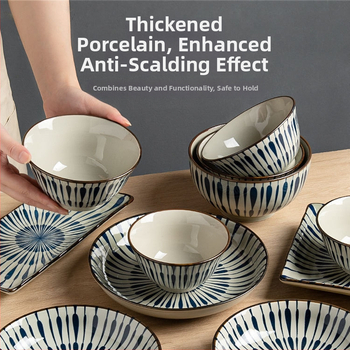 Japanski stil porcelanski set zdjela i tanjura s prugastim uzorkom, mikrovalna pećnica kompatibilna, mogućnost prilagodbe