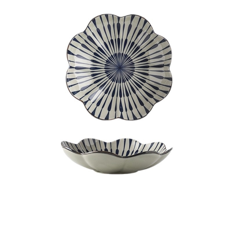 Japanski stil porcelanski set zdjela i tanjura s prugastim uzorkom, mikrovalna pećnica kompatibilna, mogućnost prilagodbe