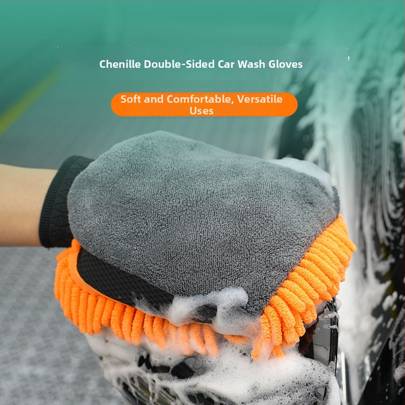 Automobilio plovimo pirštinės su meškiuko letenos pūkuotu dizainu, storesnė Chenille kempinė, dvipusiai atsparios vandeniui, koralinis velūras, pritaikomi