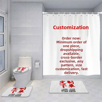 Četru daļu vannas istabas komplekts no poliestera: dušas aizkars, dušas paklājiņš, vannas paklājiņš un U formas WC paklājiņš – moderns minimālisma stils, pielāgojams raksts